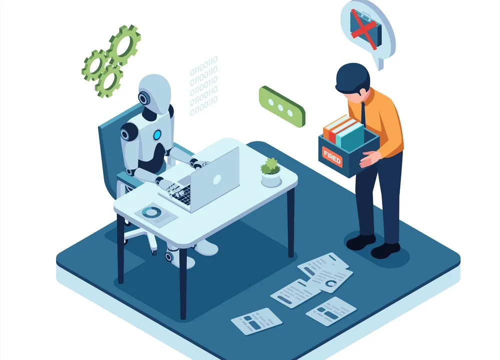 Isometric AI Robot Replacing Human Workers in The Workplace